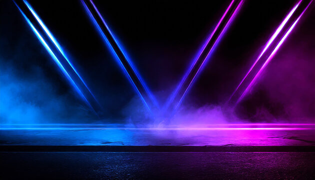 Dark blue and purple background with empty dark street,V laser beams, neon spotlight