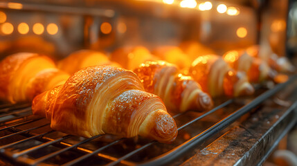 Freshly baked croissants on the counter of a bakery.
