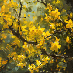 A painting depicting vibrant yellow flowers blooming on a tree branch, showcasing the beauty of nature in full bloom