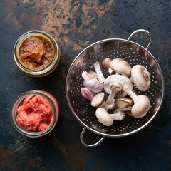 Different types of raw paste in a jar and a colander with mushrooms and garlic