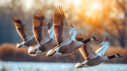 A flock of geese flying over the frozen lake in winter. - Powered by Adobe