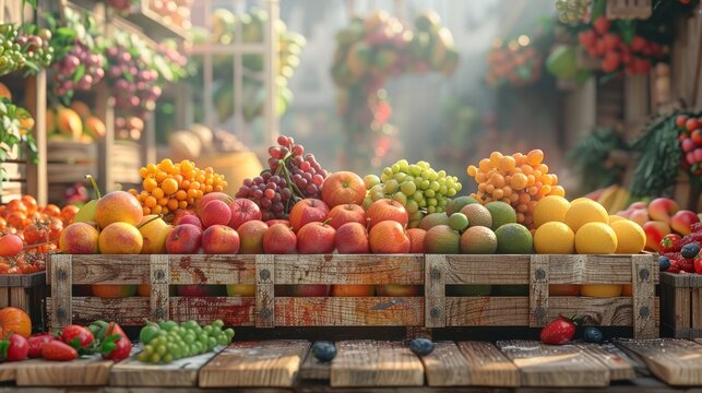 Vibrant Market Display of Fresh Fruits in Rustic Wooden Boxes Basking in Warm Sunlight