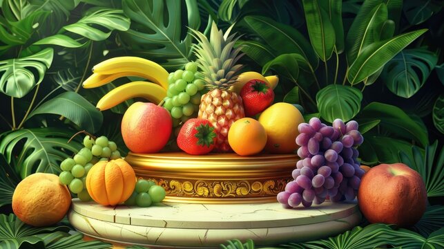 Tropical Fruits Abundance on Ornate Golden Plinth in Vibrant Digital Art Painting