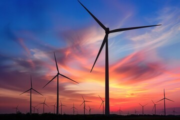 Obraz premium Wind Turbine Farm at Sunset: A Symbol of Renewable Energy and Sustainable Engineering Excellence for International Engineers Day.