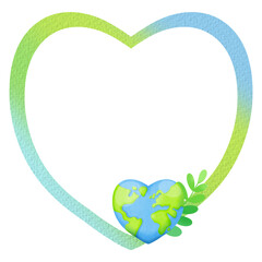 Green and blue vibrant heart shape frame with hearts shape earth with a branch of leaves