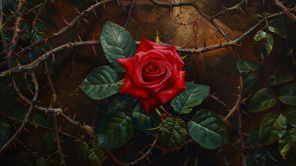 A vibrant rose among thorns, capturing the essence of beauty and resilience in nature