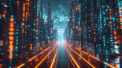 A striking 3D rendering that imagines an abstract highway weaving through towering digital binary