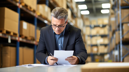 Warehouse worker writing on a clipboard with a backdrop of stacked boxes in a warehouse.