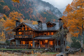  a house in the mountains pine forest in autumn 