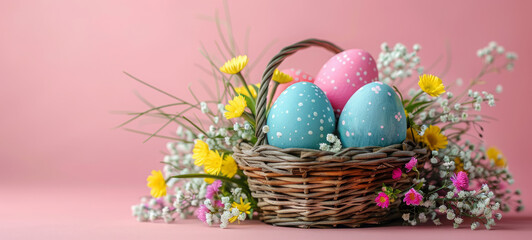 Obraz na płótnie Canvas Easter holiday celebration banner greeting card banner with easter eggs and flowers on a pink background