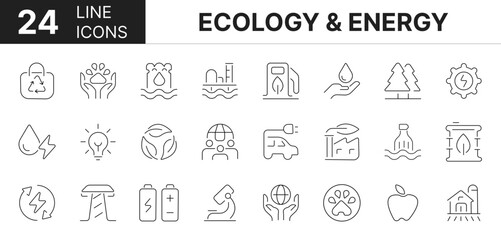 Collection of 24 ecology & energy line icons featuring editable strokes. These outline icons depict various modes of ecology & energy. renewable energy, green technology.