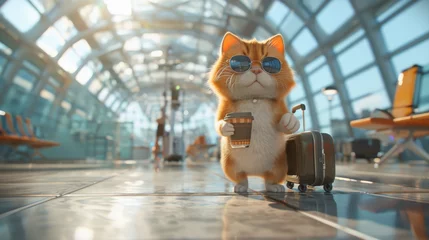Tuinposter Funny cat traveler with travel bag and coffee cup in airport terminal, travel vacation summer holiday concept. © torjrtrx