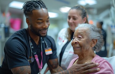 Obraz premium The nurse shares a fun event with the elderly woman, both happy and smiling