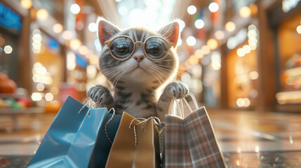 Cute Cat with Shopping bags in department store, happiness, consumerism, sale concept.