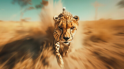 cheetah running to the camera view on the sahara - obrazy, fototapety, plakaty