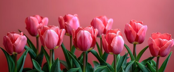 Fototapeta premium Pink tulips on a pink background, laid flat, in the concept of copy space for a Happy Mother's Day, Wallpaper Pictures, Background Hd