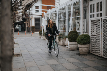 A stylish woman with a relaxed posture is riding a bicycle on a city sidewalk, conveying a sense of urban freedom and active lifestyle.