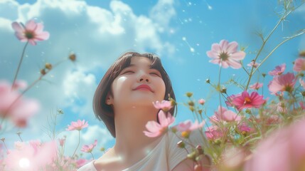 Obraz na płótnie Canvas A photo of an Asian girl surrounded by many flowers under a blue sky. Generated by artificial intelligence.
