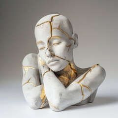 Concept of psichological help with challenges. A white marble sculpture restored with japanese Kintsugi technique. The  beauty of imperfections, wabi sabi principle. A lot of space for copy text