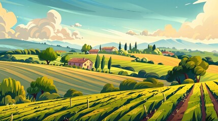 This stylized illustration captures the serene beauty of an agricultural European landscape