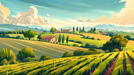 Rolgordijnen This stylized illustration captures the serene beauty of an agricultural European landscape © Chingiz