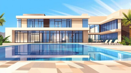 A flat design vector illustration of a large modern villa with an expansive swimming pool