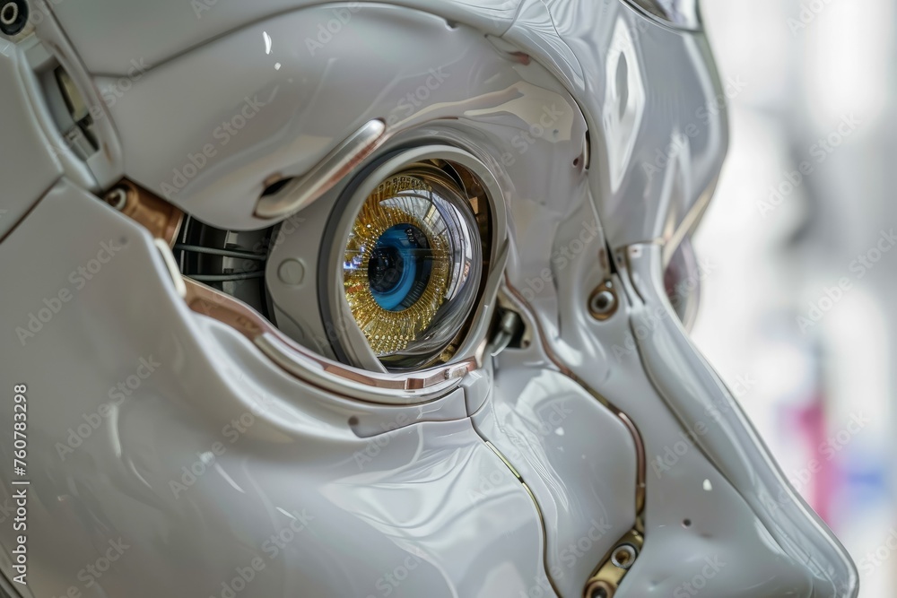 Poster innovative android eye robot. data human tech. generate ai