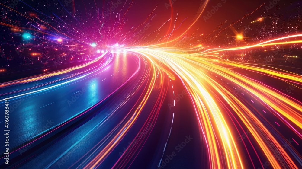 Poster a mesmerizing vector illustration showcasing dynamic lights streaking across a dark background