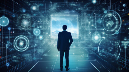 businessman pushing virtual button on digital screen
