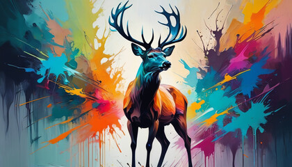 Naklejka premium Colorful deer on a colorful splattering background. Artistic rendition. Generative AI.