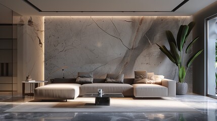A minimalist and modern living room design with a statement wall, a comfortable sofa, and a sleek coffee table.