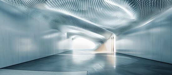 Undulating Metal Mesh Ceiling in a Futuristic Exhibition Hall: A Symphony of Light and Space