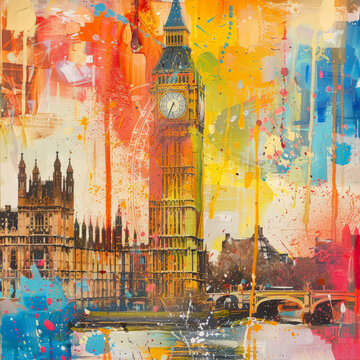 A detailed painting depicting the iconic Big Ben clock tower and the historic Houses of Parliament in London