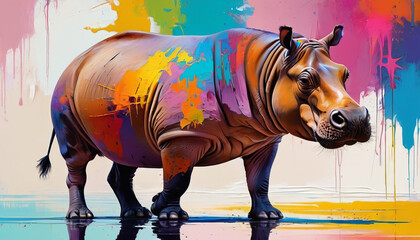 Colorful hippopotamus painted in various colors. Conceptual artwork. Generative AI.

 - obrazy, fototapety, plakaty