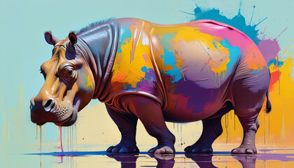 Fototapeta premium Colorful hippopotamus painted in various colors. Conceptual artwork. Generative AI.