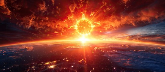 Sun's Glowing Red Eruption Illuminates Earth's Horizon in a Stunning Astrophotography Masterpiece - obrazy, fototapety, plakaty