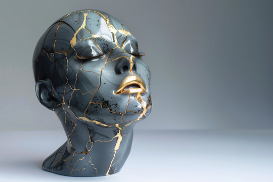 Concept of psichological help with challenges. A white marble sculpture restored with japanese Kintsugi technique. The  beauty of imperfections, wabi sabi principle. A lot of space for copy text