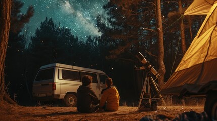A duo sits by a campervan, immersed in a stargazing adventure in the wilderness, with a telescope pointed towards a star-filled sky above the silhouetted pines