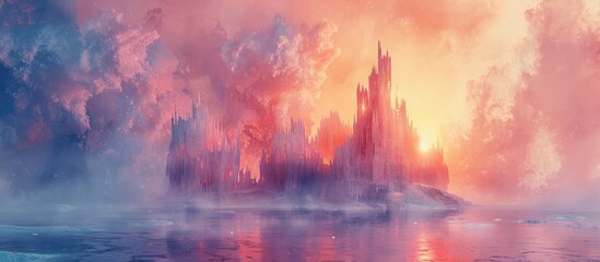 Obraz na płótnie Canvas Fantasy Ice City on the Horizon at Sunset, Crystal Spires Emerging from Pastel-Colored Mist