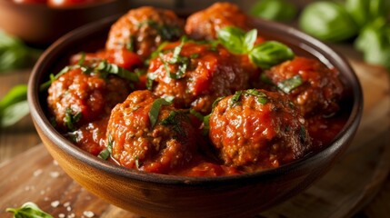 Meatballs with tomato sauce in a bowl on a wooden background