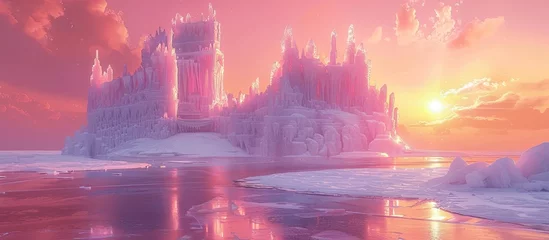 Papier Peint photo Rose  Ice Palace at Sunset: A Captivating Frozen Landscape with a Pastel Pink Sky