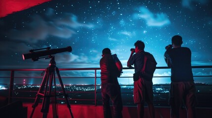 Under a celestial tapestry, a group of stargazers convenes on a balcony with a telescope, immersing themselves in the wonders of the night sky, astrotourism, meteor showers, eclipse chasing - obrazy, fototapety, plakaty
