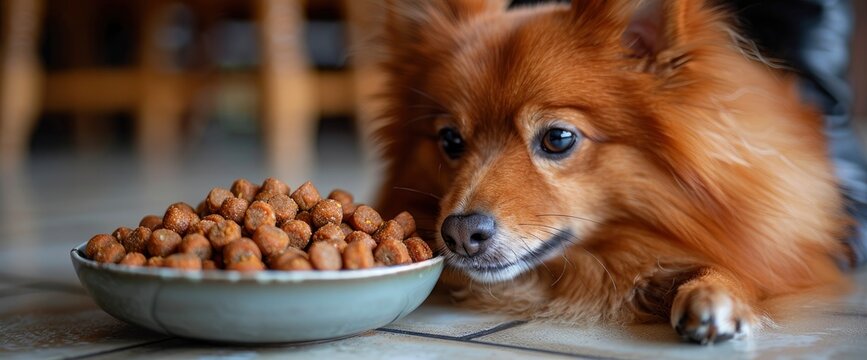 There is a small dog, sitting on the large tile floor of the indoor home during the day, next to a bowl of dog food in the form of a meat ball, Wallpaper Pictures, Background Hd