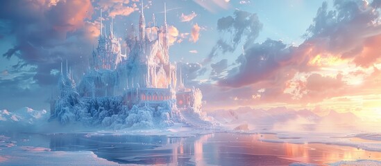 Ice Palace on a Sunset-Tinted Icy Sea: A Majestic and Dreamlike Fantasy Art Scene - obrazy, fototapety, plakaty