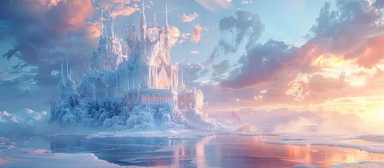 Rolgordijnen Ice Palace on a Sunset-Tinted Icy Sea: A Majestic and Dreamlike Fantasy Art Scene © Sittichok