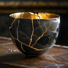 A beautiful antique black bowl with kintsugi repaired with gold filling, old Japanese technology of pottery restoration