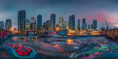 Foto op Plexiglas A vibrant cityscape with graffiti skyscrapers and hip hop culture at night. Concept Cityscapes, Graffiti Art, Urban Culture, Night Photography, Hip Hop Influence © Ян Заболотний