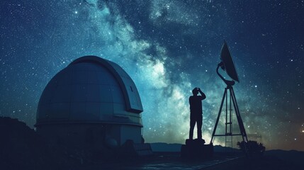 A lone figure stands with a telescope on a hilltop, silhouetted against a mesmerizing canvas of the Milky Way, in a peaceful quest to unlock the mysteries of the night sky, celestial, astronomy tours