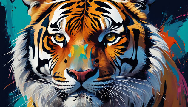 Watercolor painting of a tiger silhouette. Colorful. Generative AI.


