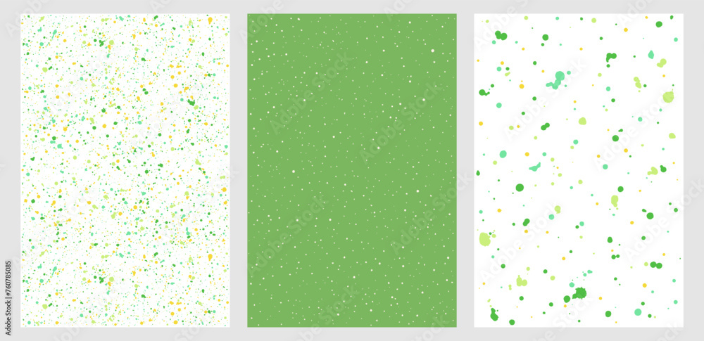 Poster paint splash, spray, uneven dots, blobs, tiny spots, blots seamless vector patterns set. chaotic spl